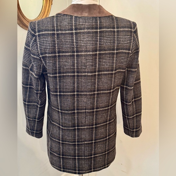 Plaid Blazer Leather Suede Collar Medium Wool blend Academia Preppy - Picture 2 of 11